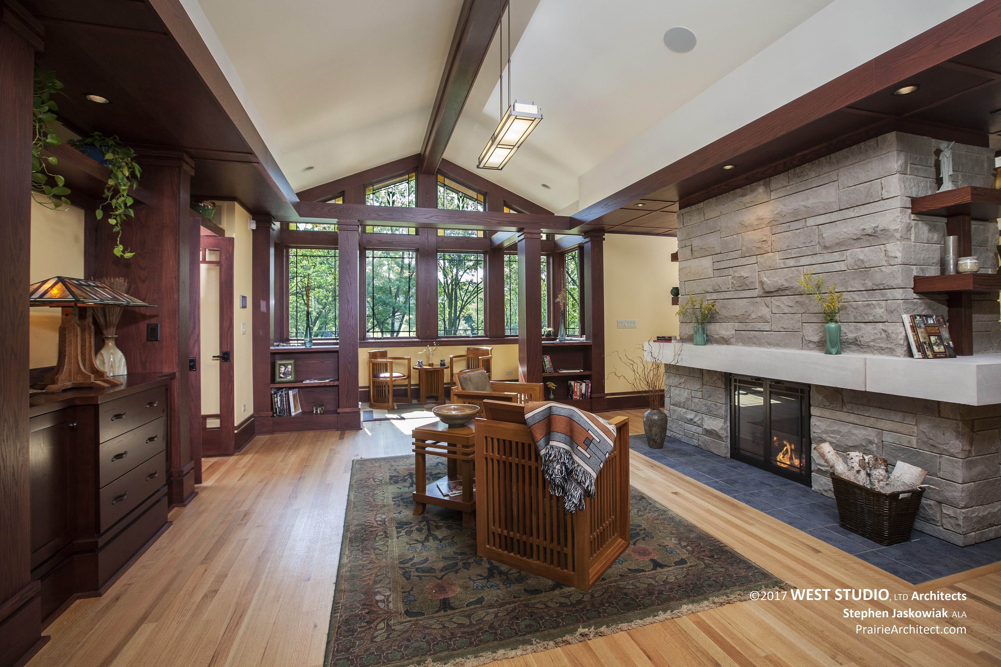 Prairie Style Living Room, Frank Lloyd Wright Inspired, West Studio Architects