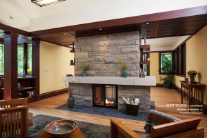 Modern Prairie Style Fireplace, Frank Lloyd Wright Inspired, West Studio Architects