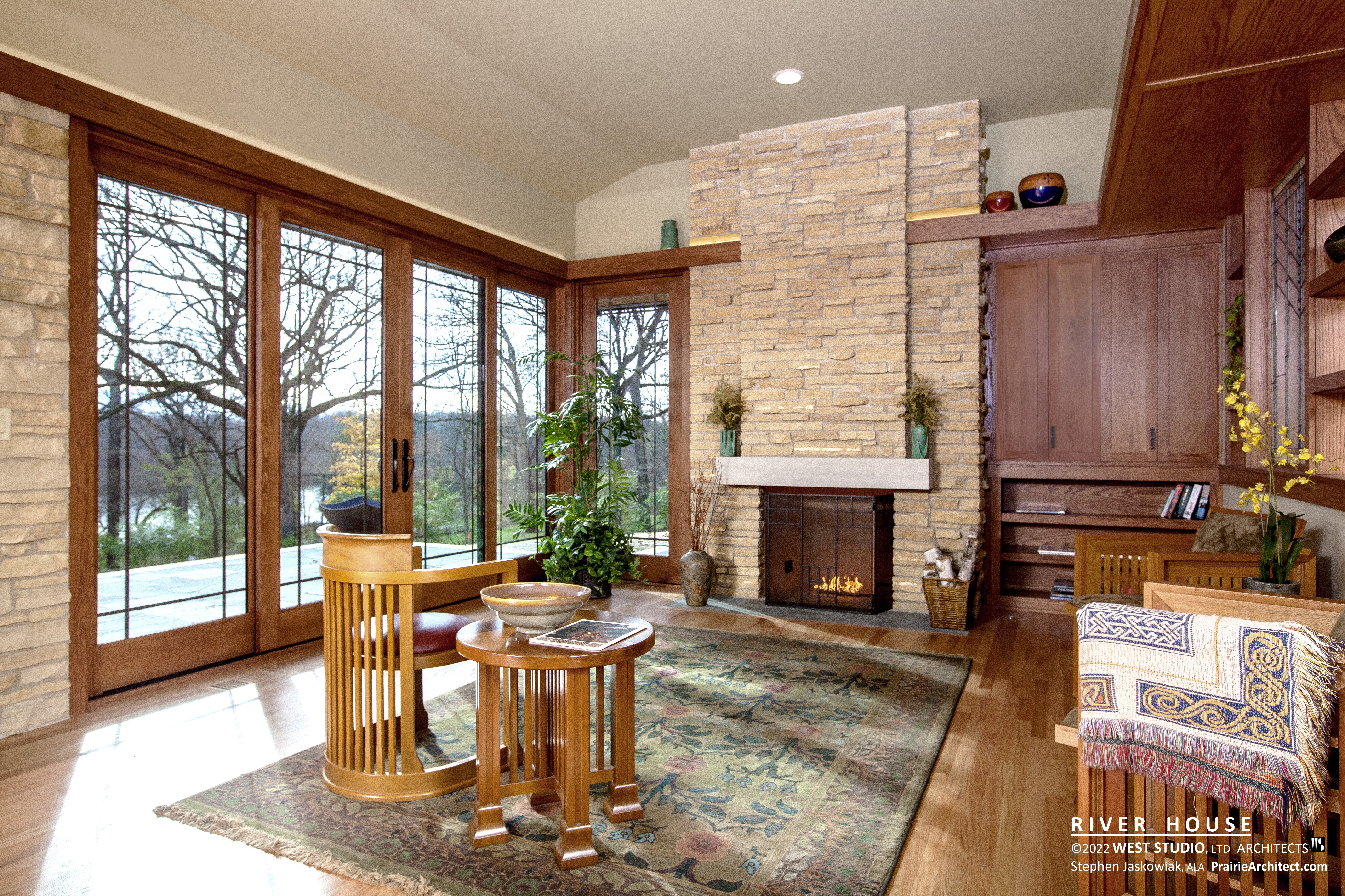 Modern Prairie Style, Fireplace, Frank Lloyd Wright Inspired, West Studio Architects, Stephen Jaskowiak