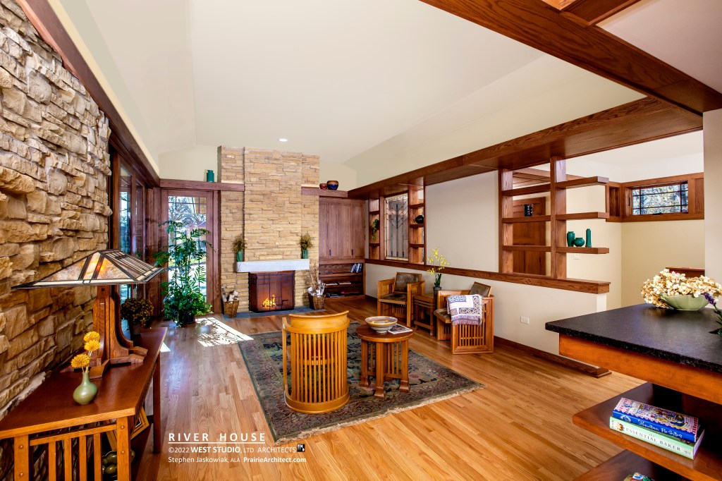 Frank Lloyd Wright Inspired, Fireplace, Interior, Natural Stone, West Studio Architects, Stephen Jaskowiak