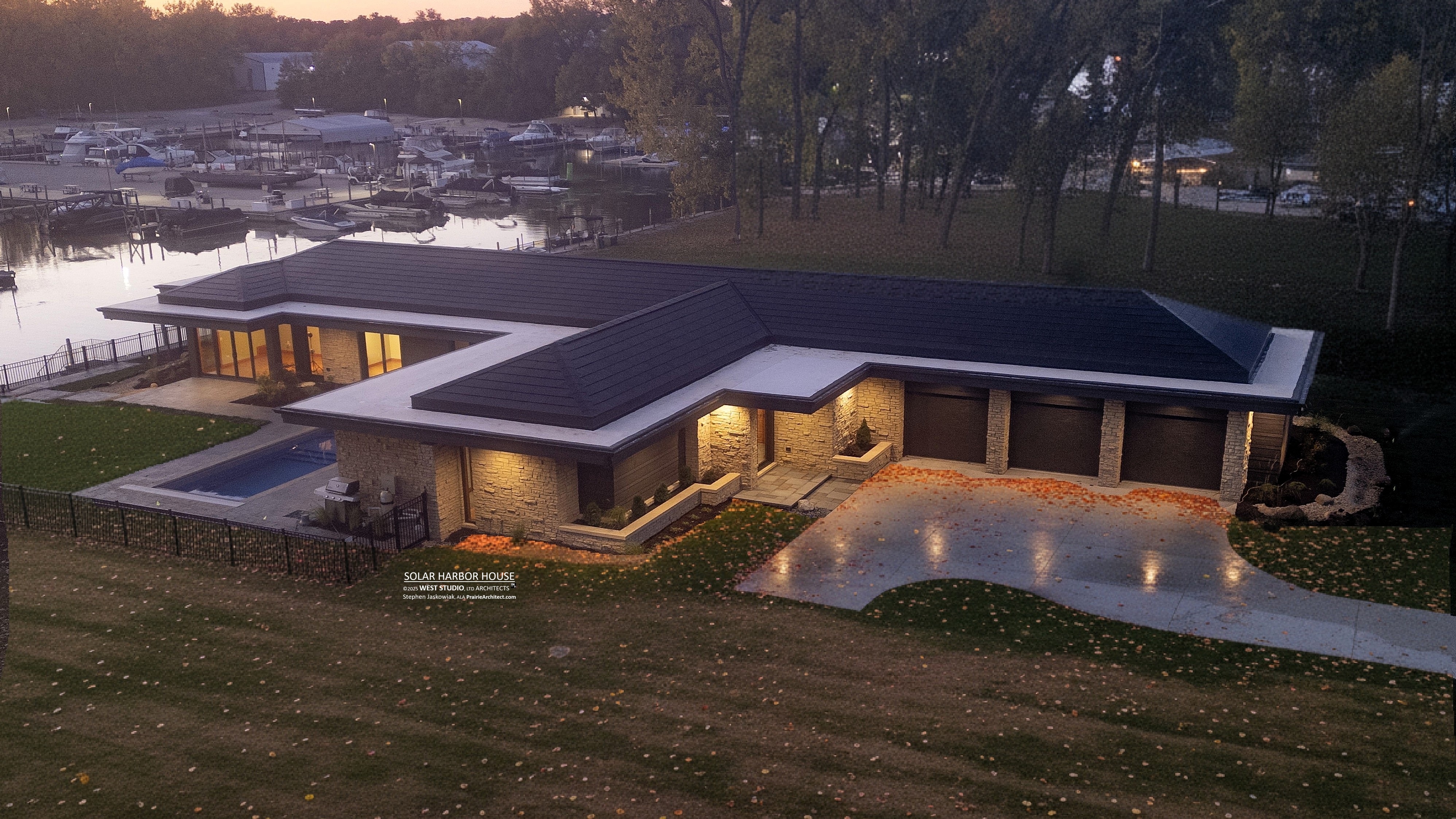 Net Zero House, Frank Lloyd Wright Inspired Design, Tesla Solar Roof Shingles, Geothermal, West Studio Architects & Construction Services, Stephen Jaskowiak, Architect